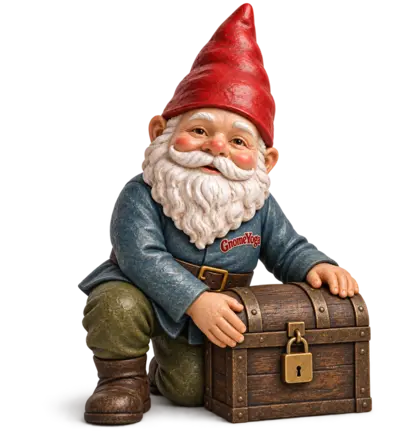 A gnome sitting on a locked treasure chest